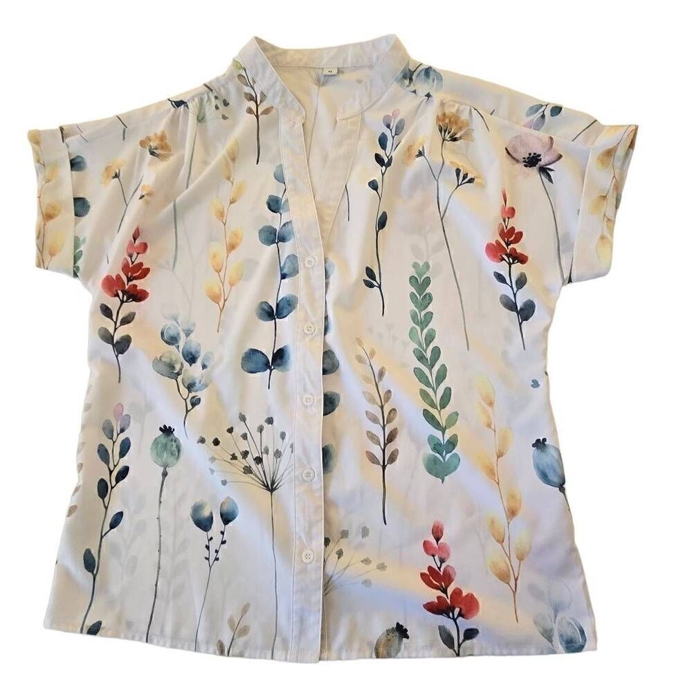 Zolucky Womens Button Front White Mixed Floral Print Short Sleeve Blouse Medium